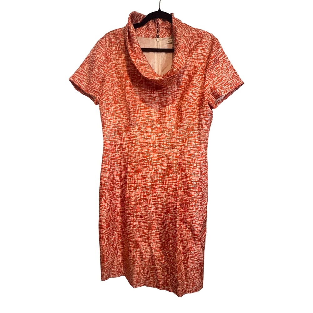 Banana Republic Orange White Print Cowl Neck Silk Sheath Dress 14. preppy,office